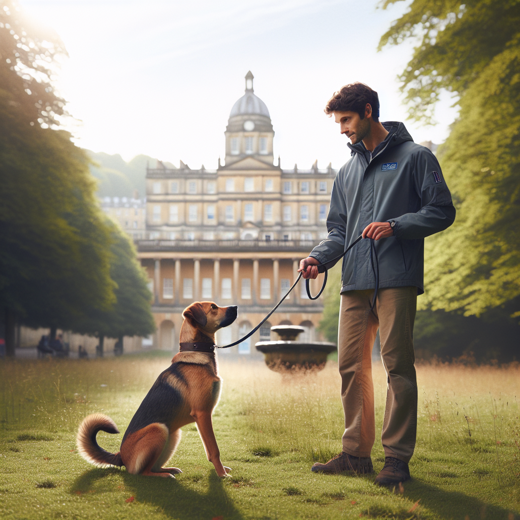 Trainer guiding a dog on loose lead and recall in a leafy Bath city park