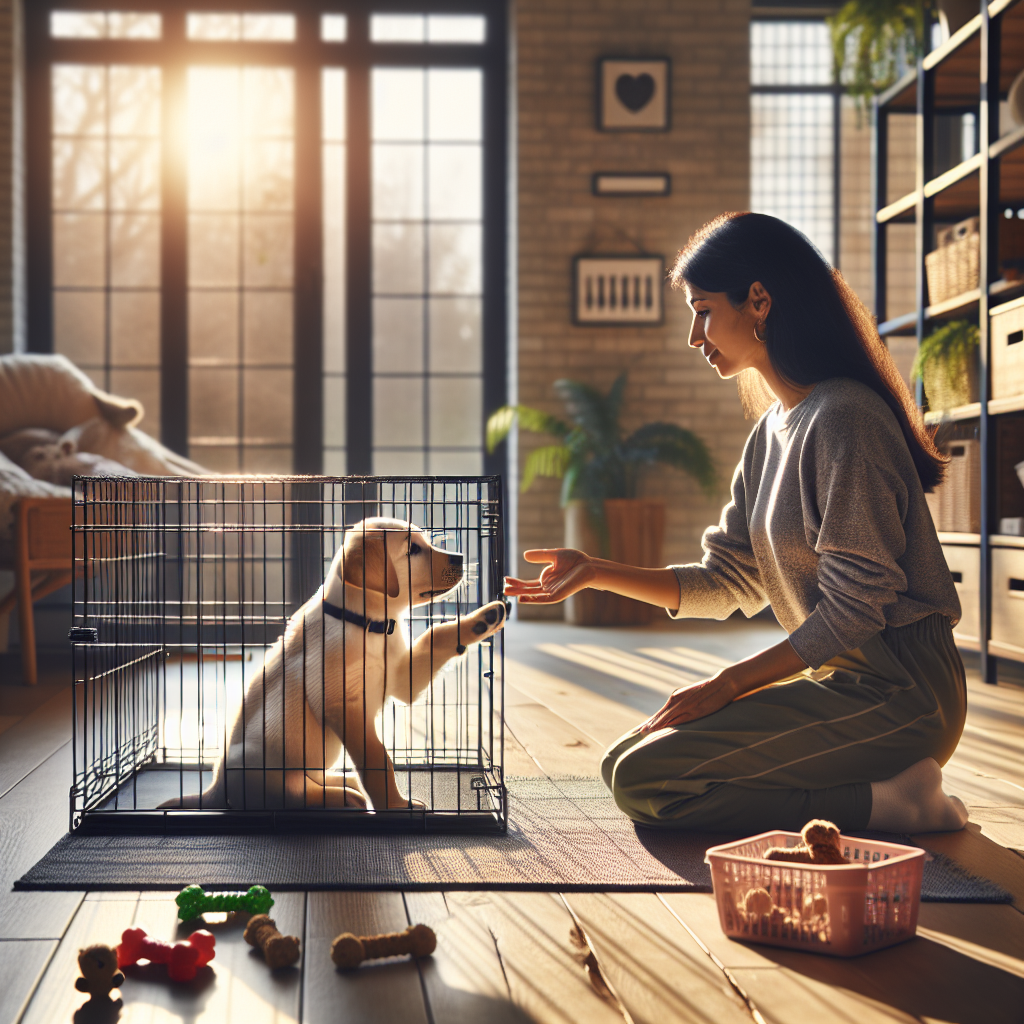 Young Labrador puppy settling calmly in a crate as a trainer rewards quiet behaviour in a bright UK home