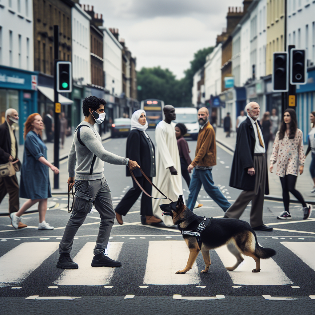 Trainer guiding a calm German Shepherd past people, a cyclist, and a jogger on a UK high street during BH social test practice
