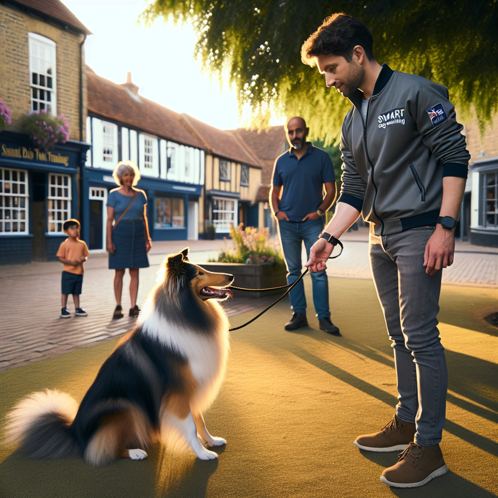 Smart Dog Training instructor heeling a collie mix on a green in Stowmarket at golden hour