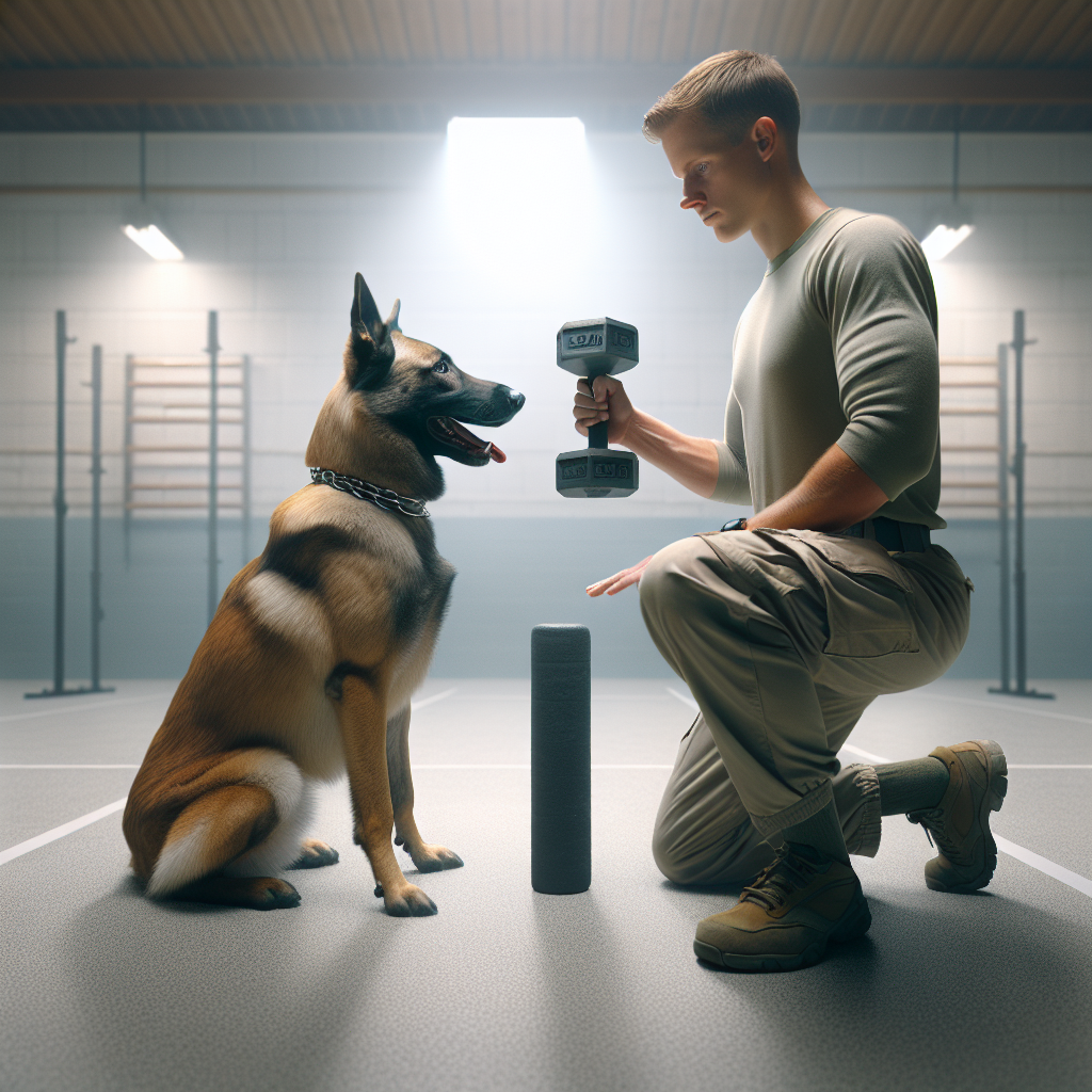 Trainer coaching a Malinois to perform a silent dumbbell hold in a calm UK training hall