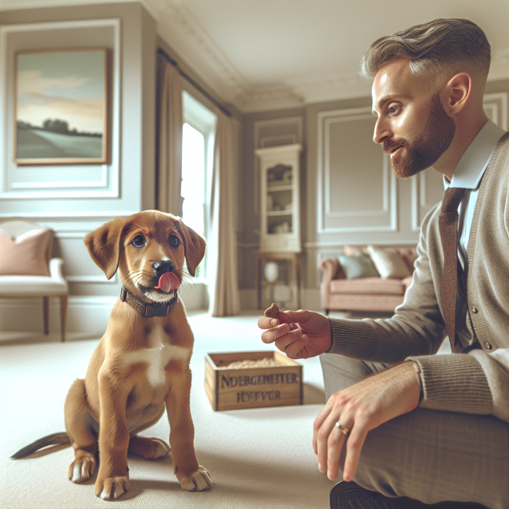 Trainer calming a puppy showing subtle stress signals in a modern UK living room