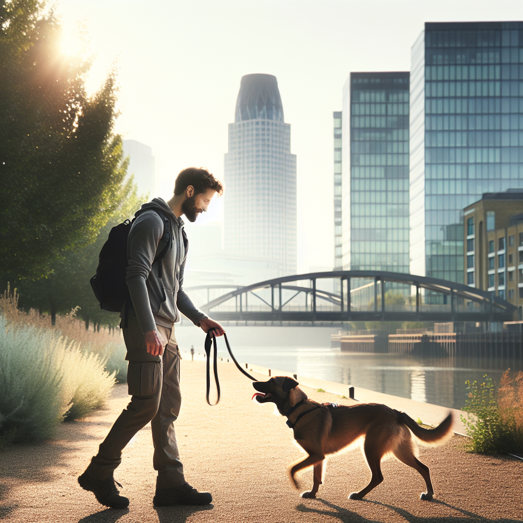 Smart trainer practising loose-lead walking with a medium dog in an East London riverside park