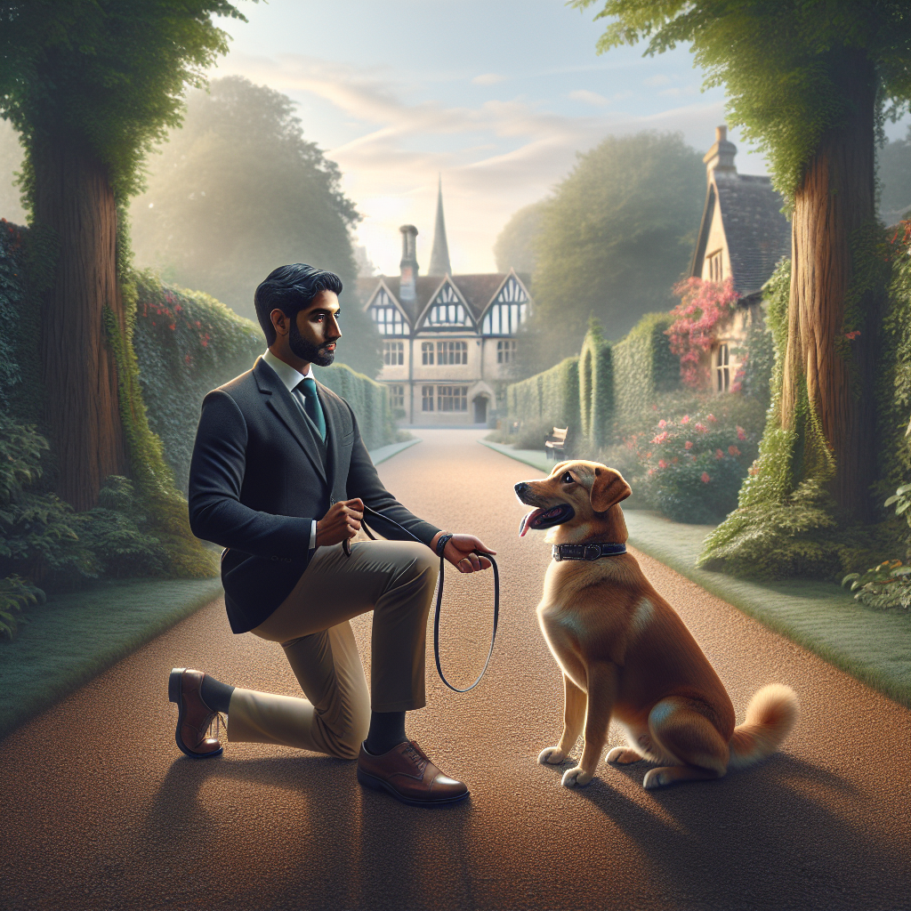 Trainer guiding a mixed breed dog in a calm heel and sit stay on a leafy path in Letchworth Garden City