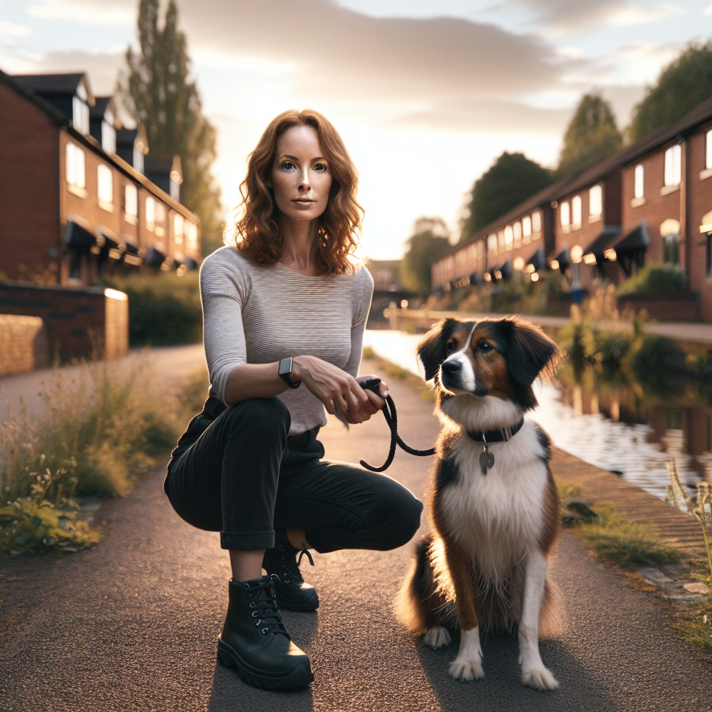 Smart trainer practising heel and recall with a focused dog on a quiet Willenhall street at dusk