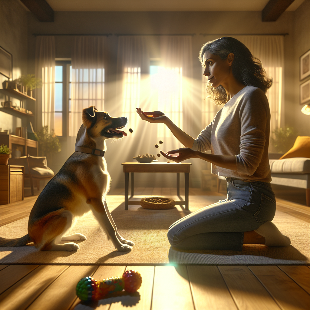 Trainer practising indoor recall as a dog runs to them in a bright UK living room