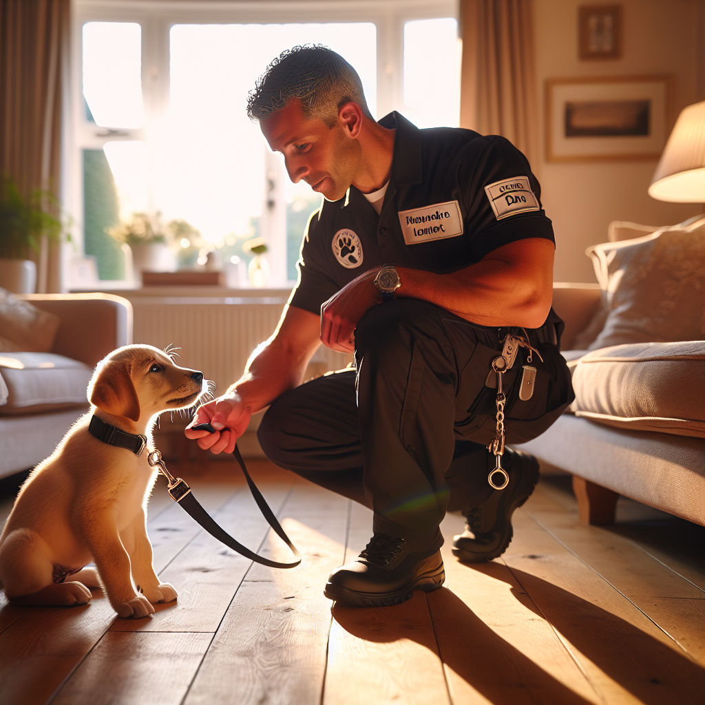 Smart trainer teaching a young puppy calm lead walking and sit in a UK home