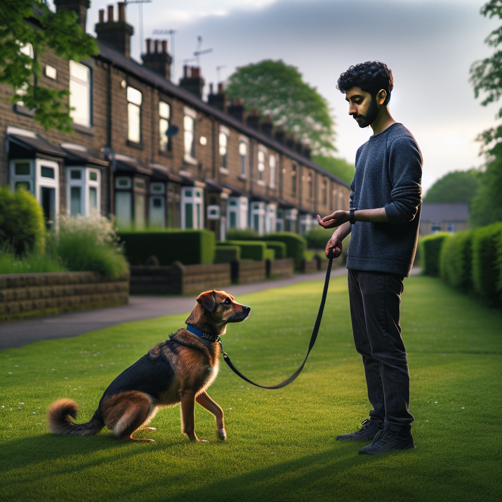 Trainer practising loose lead walking with a mixed breed dog in a quiet park in Spennymoor
