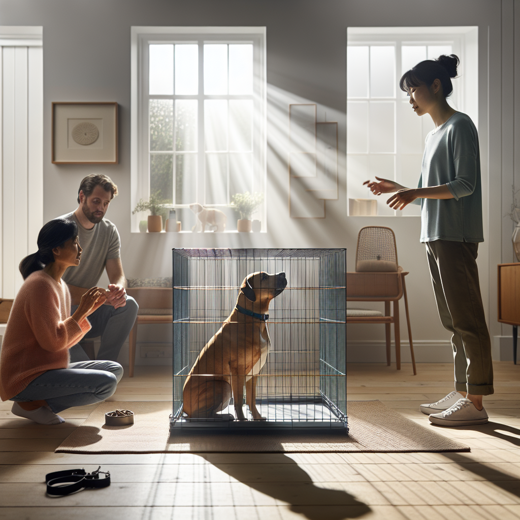Family practising consistent crate training handovers with a calm dog resting in a crate at home