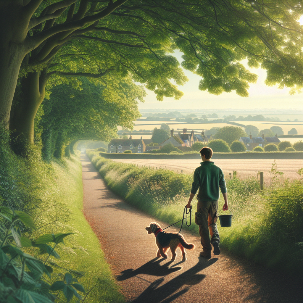 Trainer practising loose lead walking with a mixed-breed dog on a leafy Suffolk footpath near Stowmarket