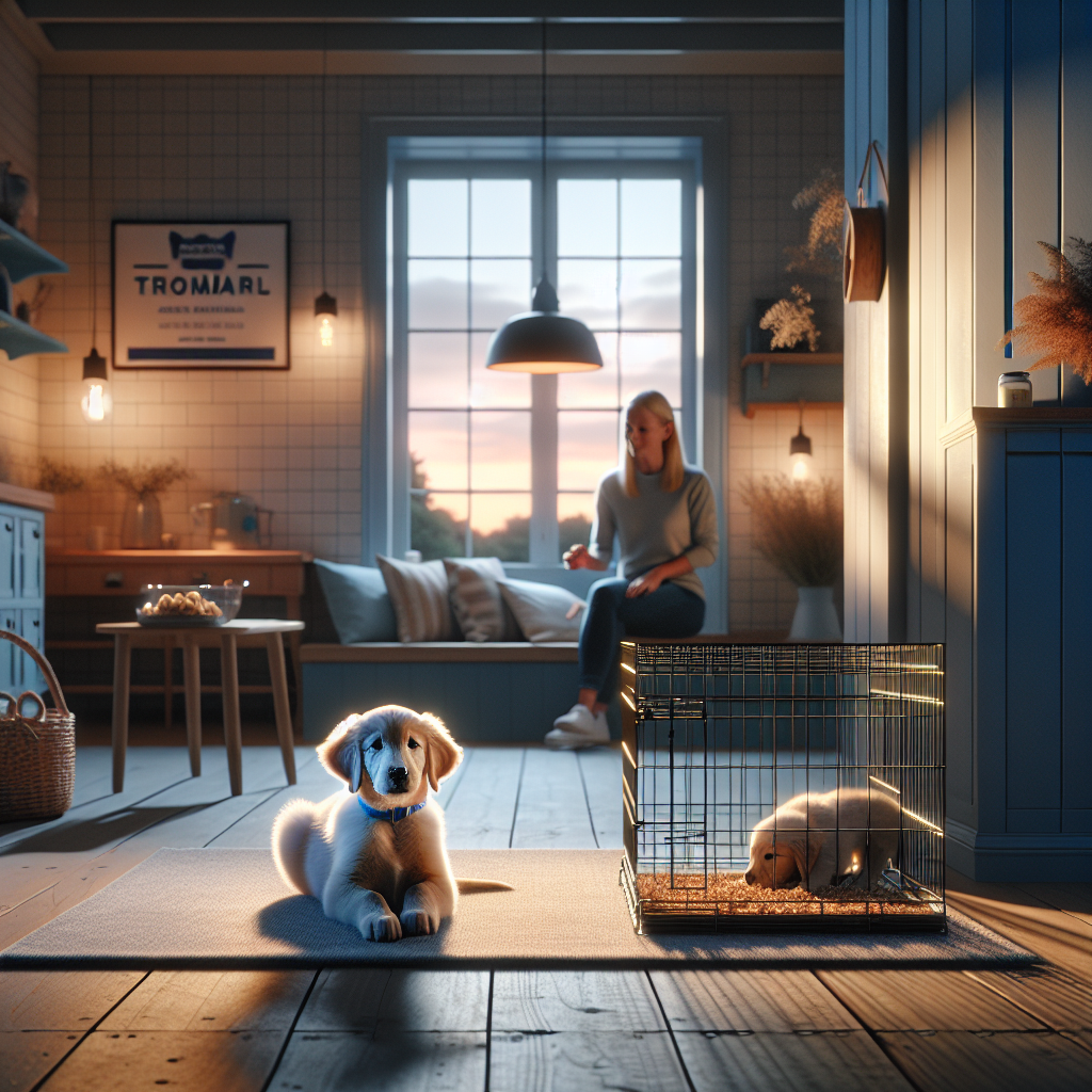 Trainer rewarding a calm golden retriever puppy relaxing in an open crate in a cosy UK home
