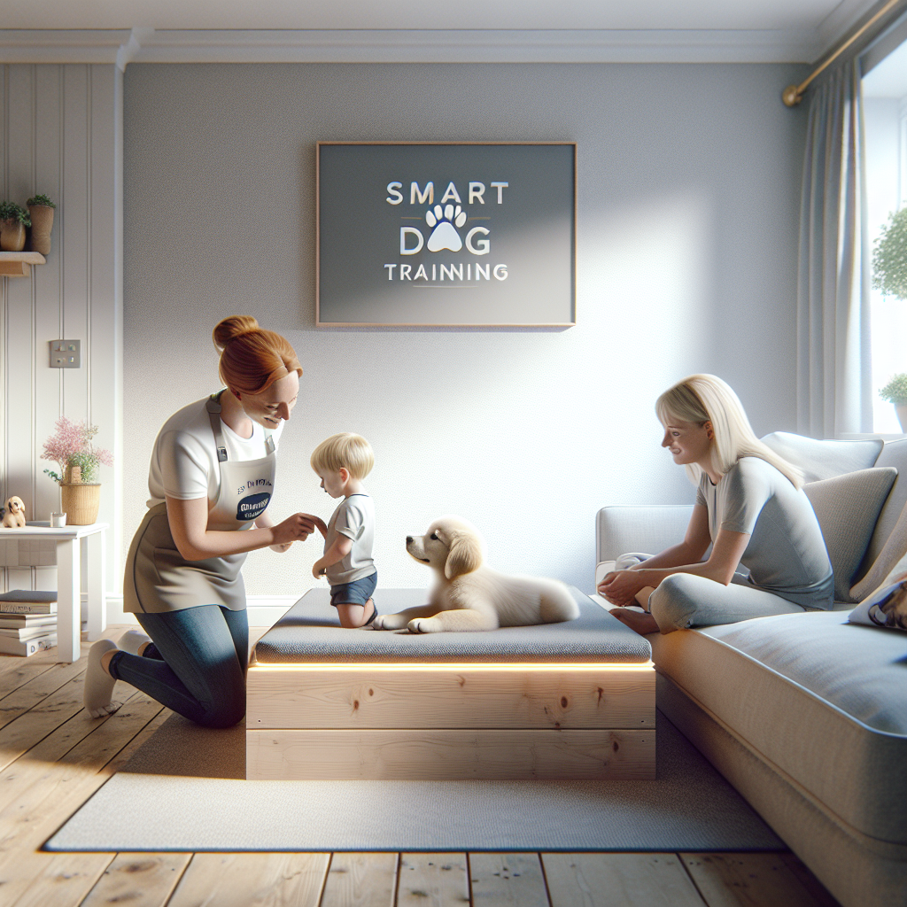 Trainer guiding a puppy to relax on a place bed in a calm UK family living room