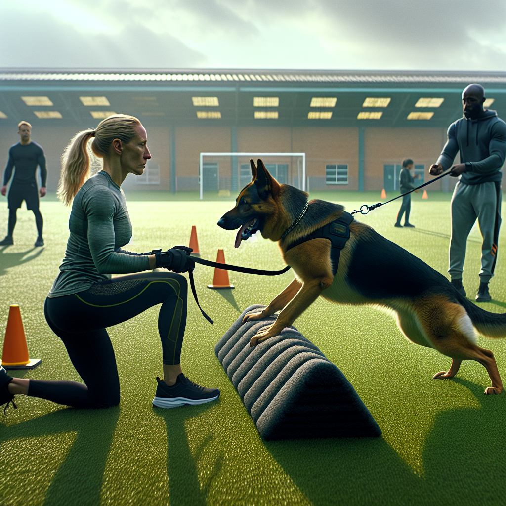 Trainer guiding a German Shepherd on a calm full grip with a wedge during structured bite training