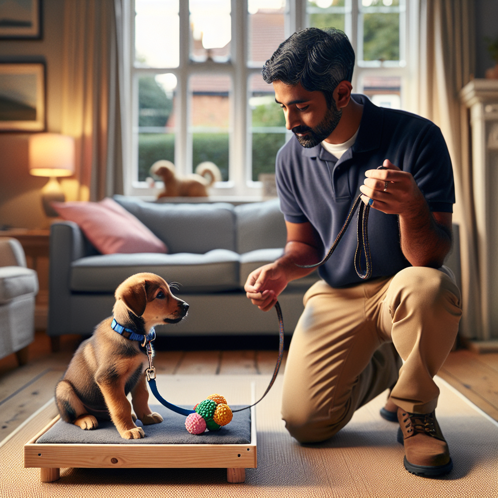 Trainer guiding a teething puppy onto a bed and rewarding calm chewing in a UK living room