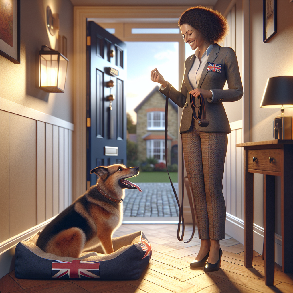 Calm dog holding Place near a UK front door while a trainer rewards quiet after the doorbell rings