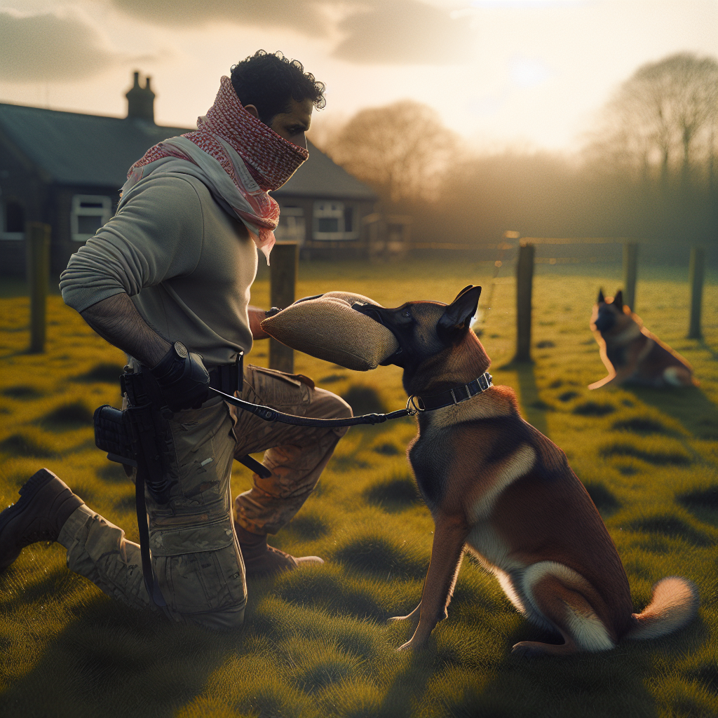 Trainer and decoy teaching a Malinois to out cleanly under stress on a grassy UK field