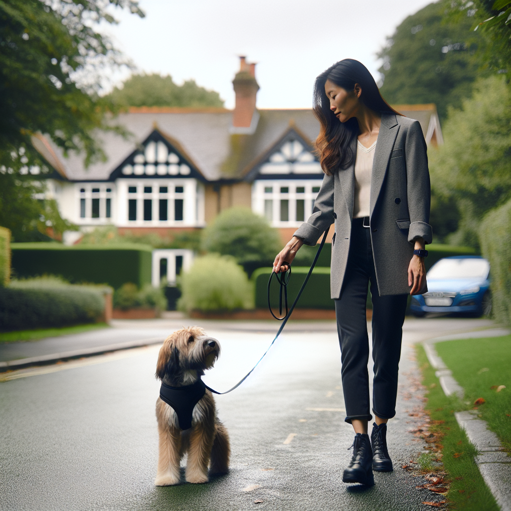 Smart trainer practising loose-lead walking and recall with a mixed-breed dog on a leafy Epsom street
