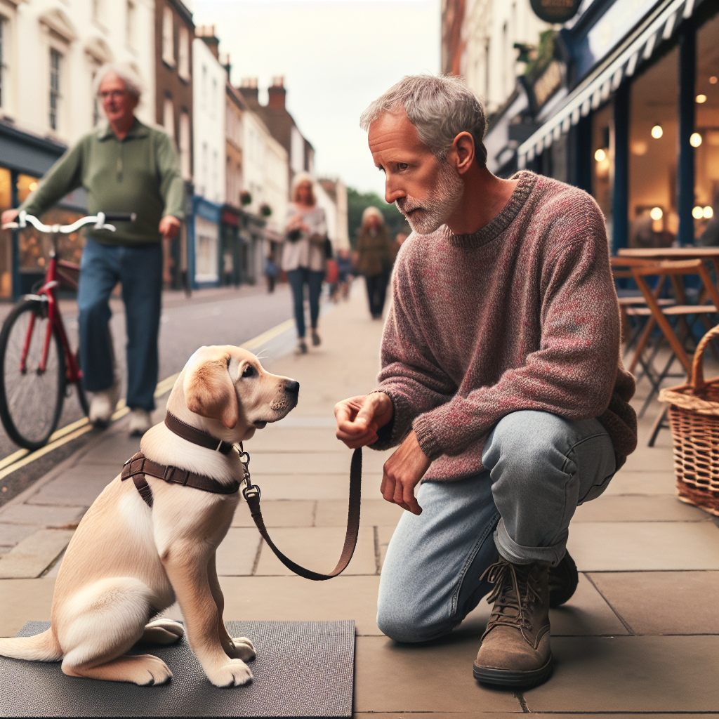 Trainer helps a Labrador puppy heel and settle on a mat outside a UK cafe with light foot traffic