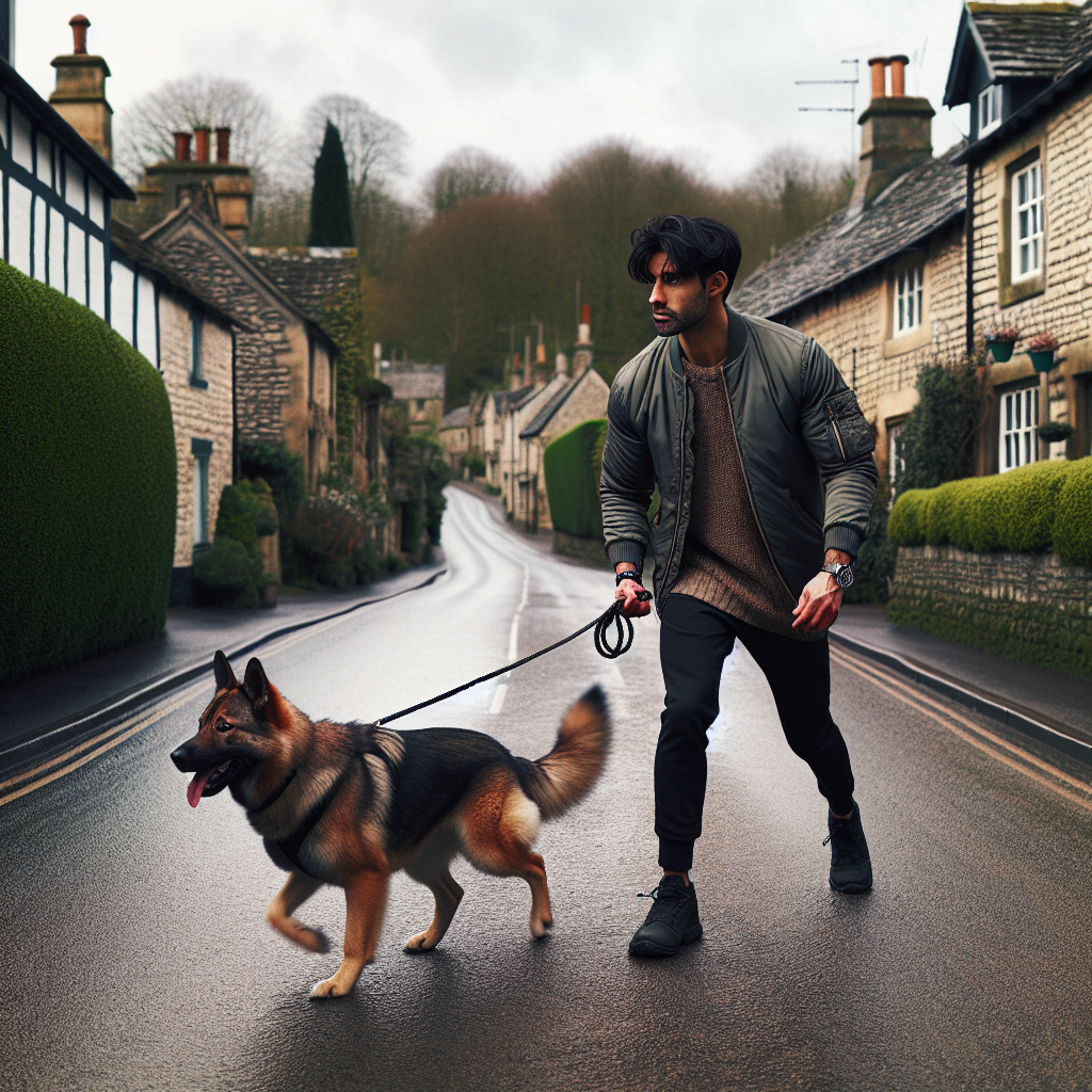 Trainer practising loose lead walking with a mixed breed dog on a quiet Northamptonshire town street