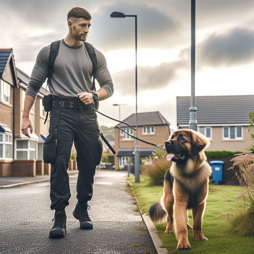 Trainer guiding a mixed breed dog on loose lead near homes and green space in a UK town