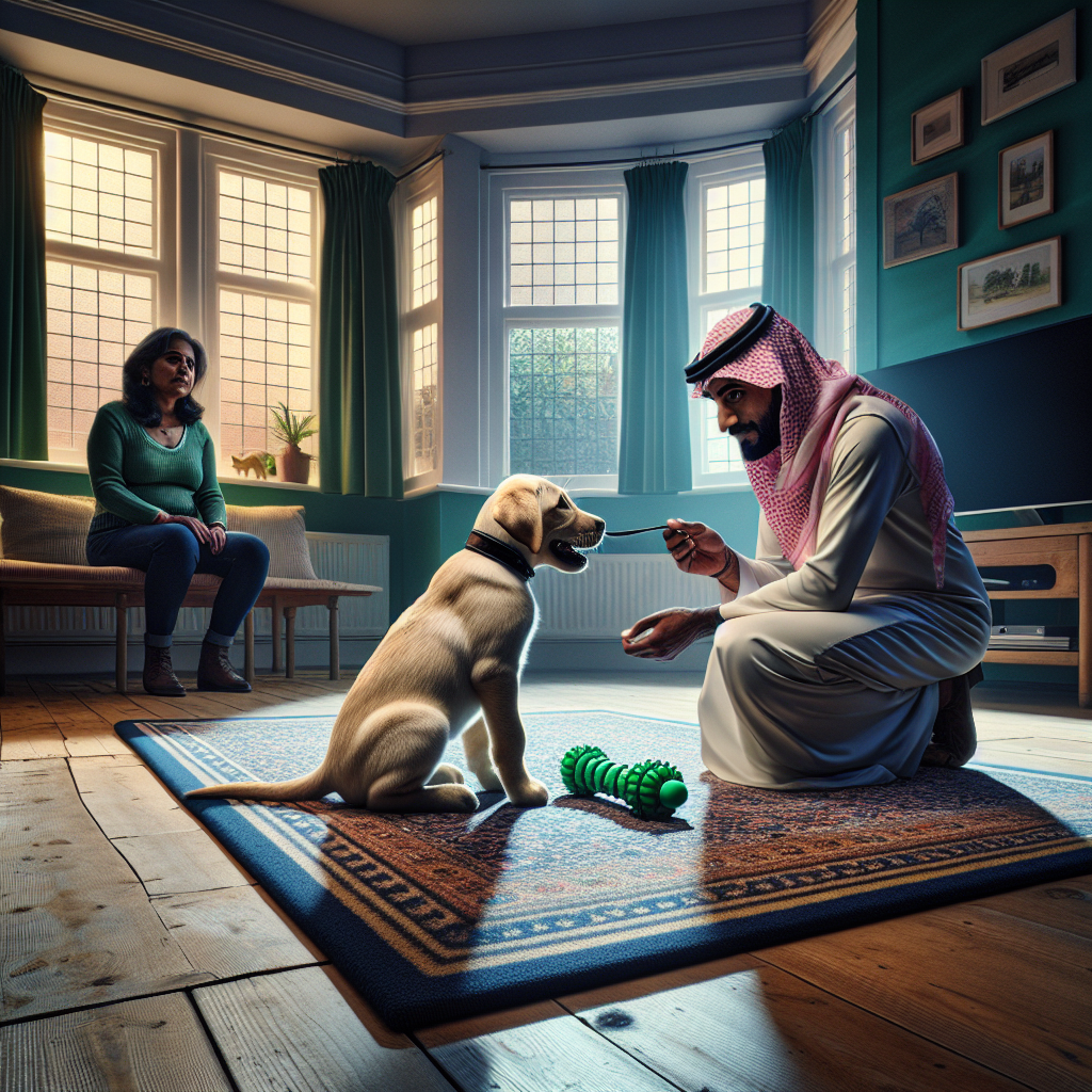 Trainer guiding a Labrador puppy to chew a rubber toy on a mat in a calm UK living room