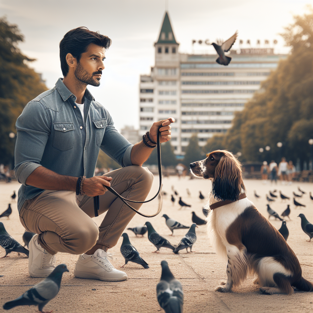 Trainer guiding a spaniel on a long line while pigeons move nearby in a UK park