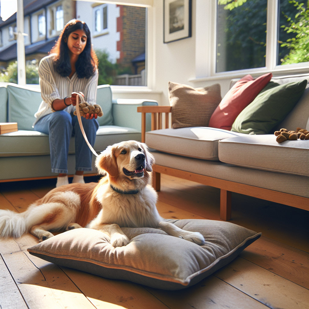 Dog relaxing on a place bed near a sofa while a trainer rewards calm behaviour in a UK living room