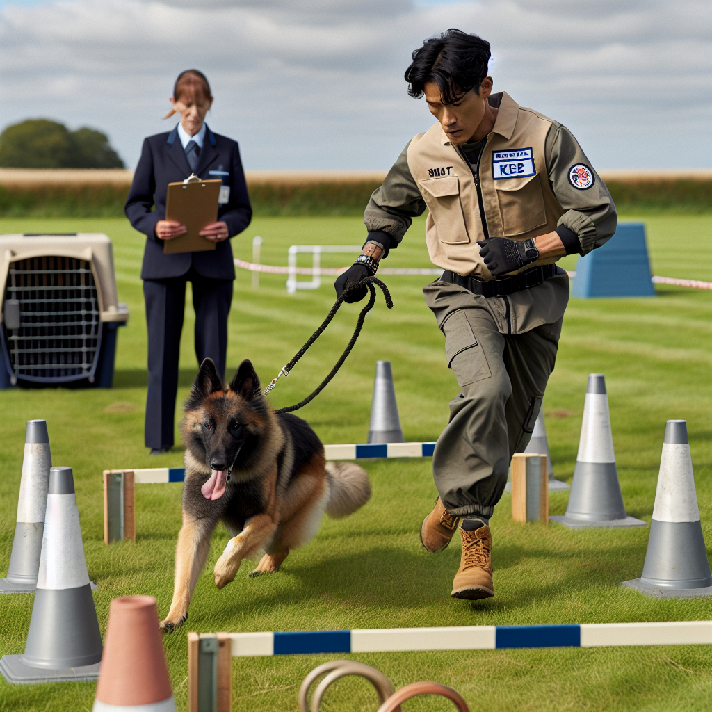 Smart trainer running a mock trial with a focused working dog on a UK field