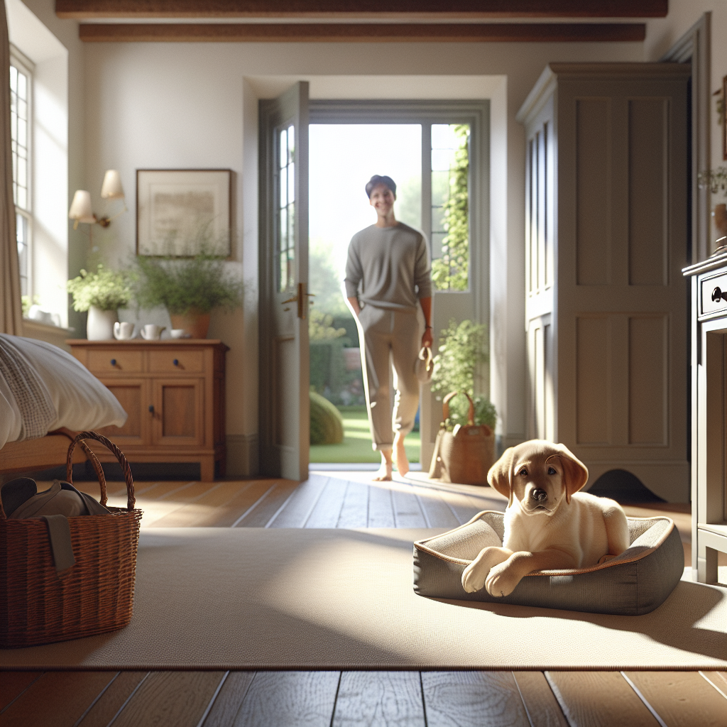 Puppy resting on a bed while a trainer steps outside the room to practise calm alone time