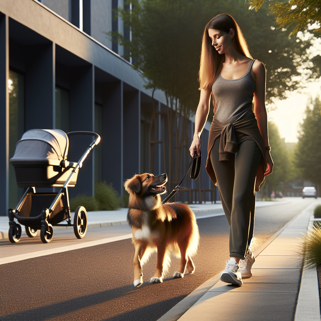 Trainer guiding a calm dog to heel past a pram on a wide UK pavement