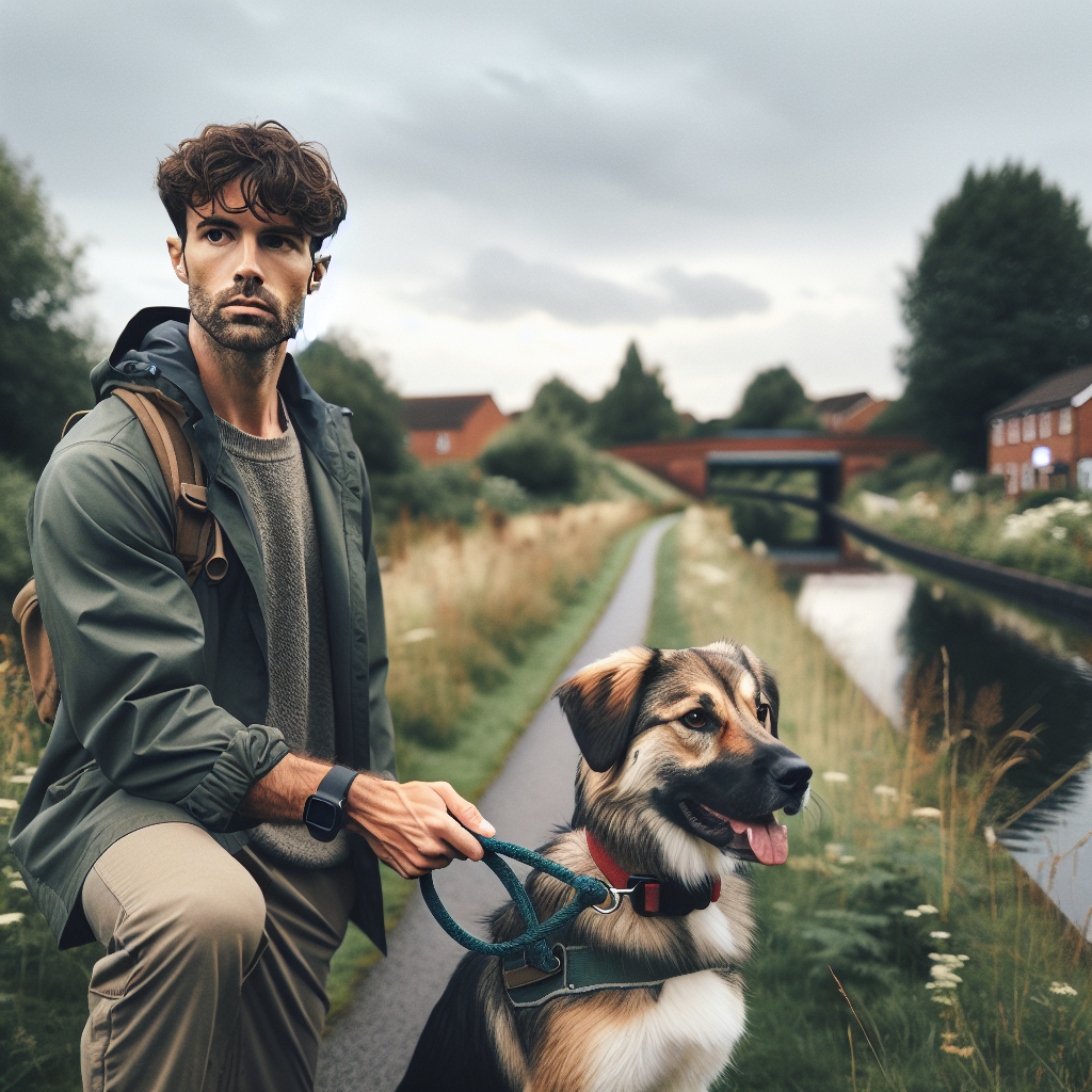 UK dog trainer practising loose lead and recall with a mixed breed dog beside a canal and green space in a suburban area