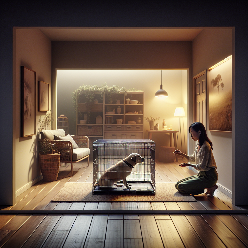 Owner reinforcing calm while a Labrador mix relaxes in a crate in a peaceful UK home