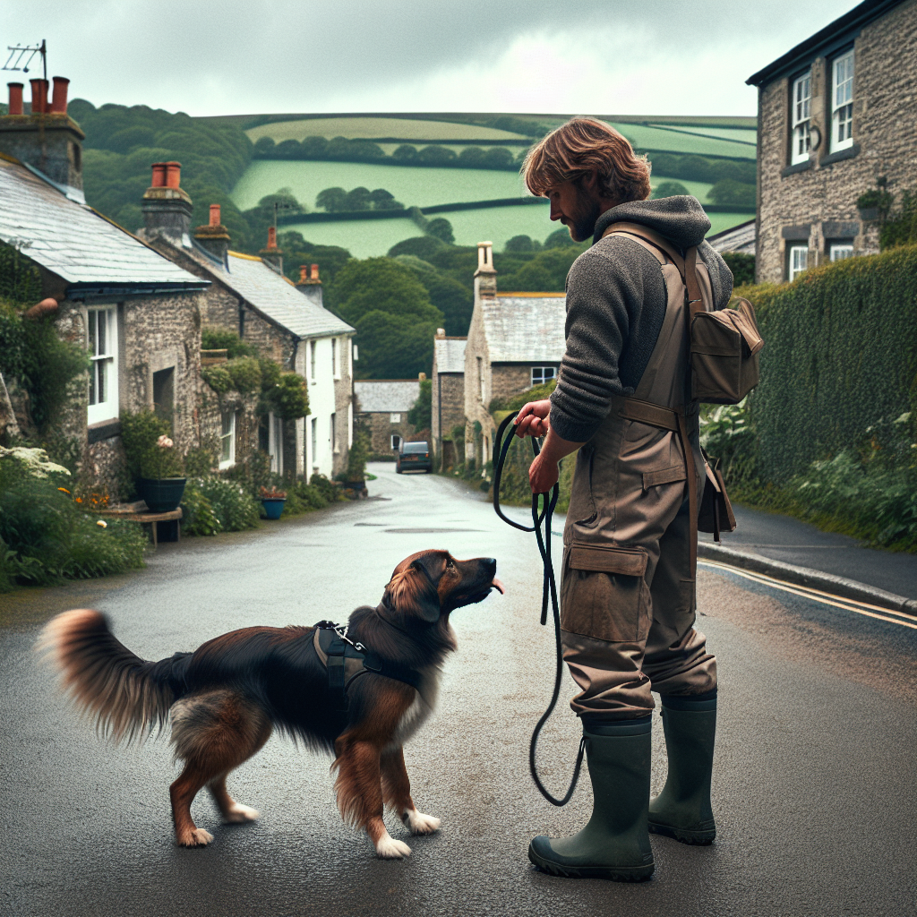 UK dog trainer practising loose lead walking with a focused dog on a narrow village pavement in Devon
