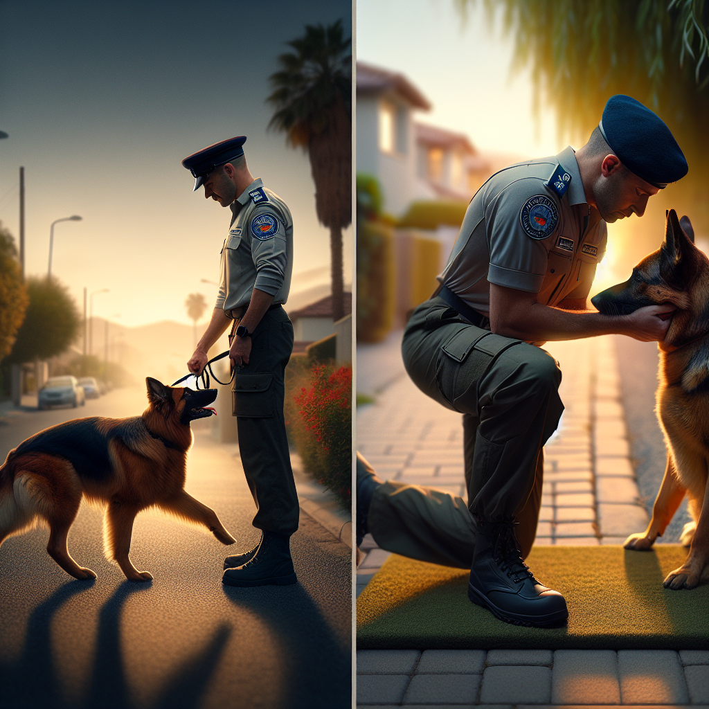 Trainer guiding a German Shepherd from focused heel to calm down on a mat during a UK street session