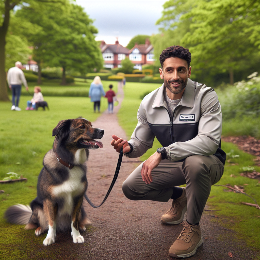 Trainer rehearsing loose lead walking and recall with a mixed breed dog in a leafy Cheadle Hulme green space