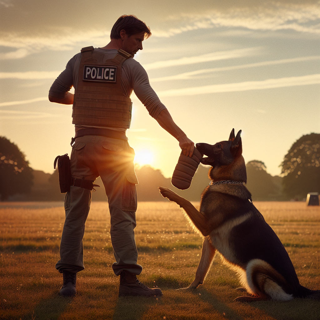 UK trainer guiding a German Shepherd to cleanly out on a sleeve with calm reward on a quiet field