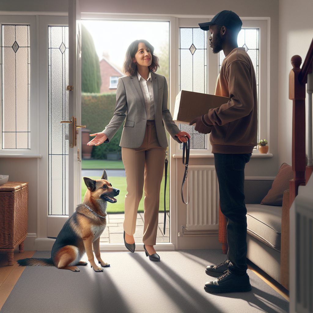 Dog holds a calm place stay while a UK delivery driver hands a parcel at the open front door