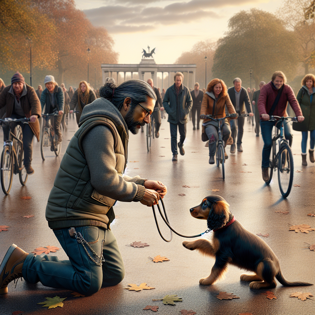 Trainer rewarding a spaniel puppy for loose lead walking near a busy UK park entrance