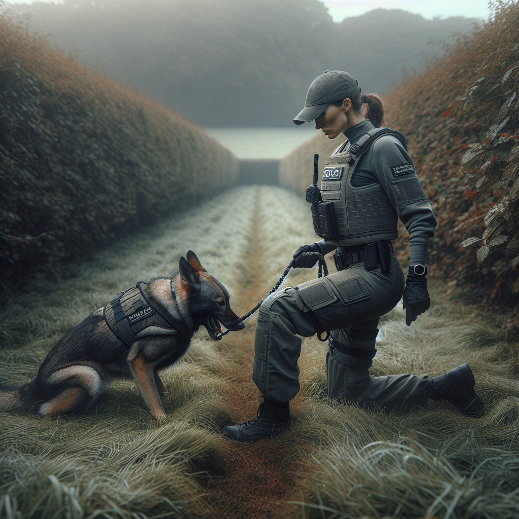 Female handler working a protection dog on a long line with calm control in a UK training field