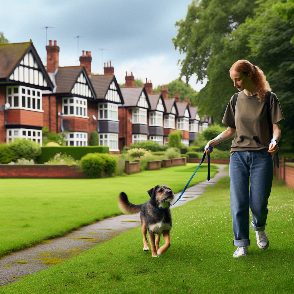 Trainer guiding a medium mixed-breed dog on a calm walk in a green Ashton-in-Makerfield park