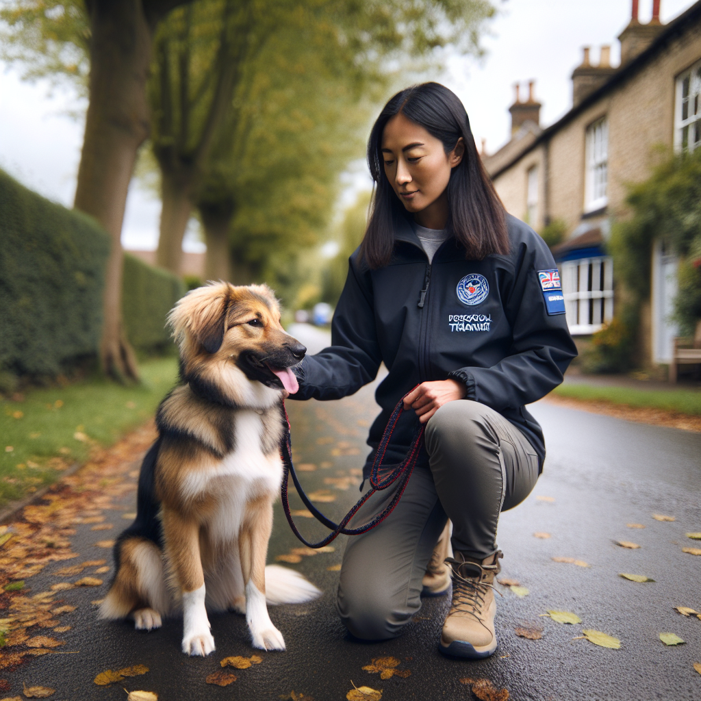 Trainer guiding a mixed breed dog on a calm loose lead walk along a leafy Swindon footpath