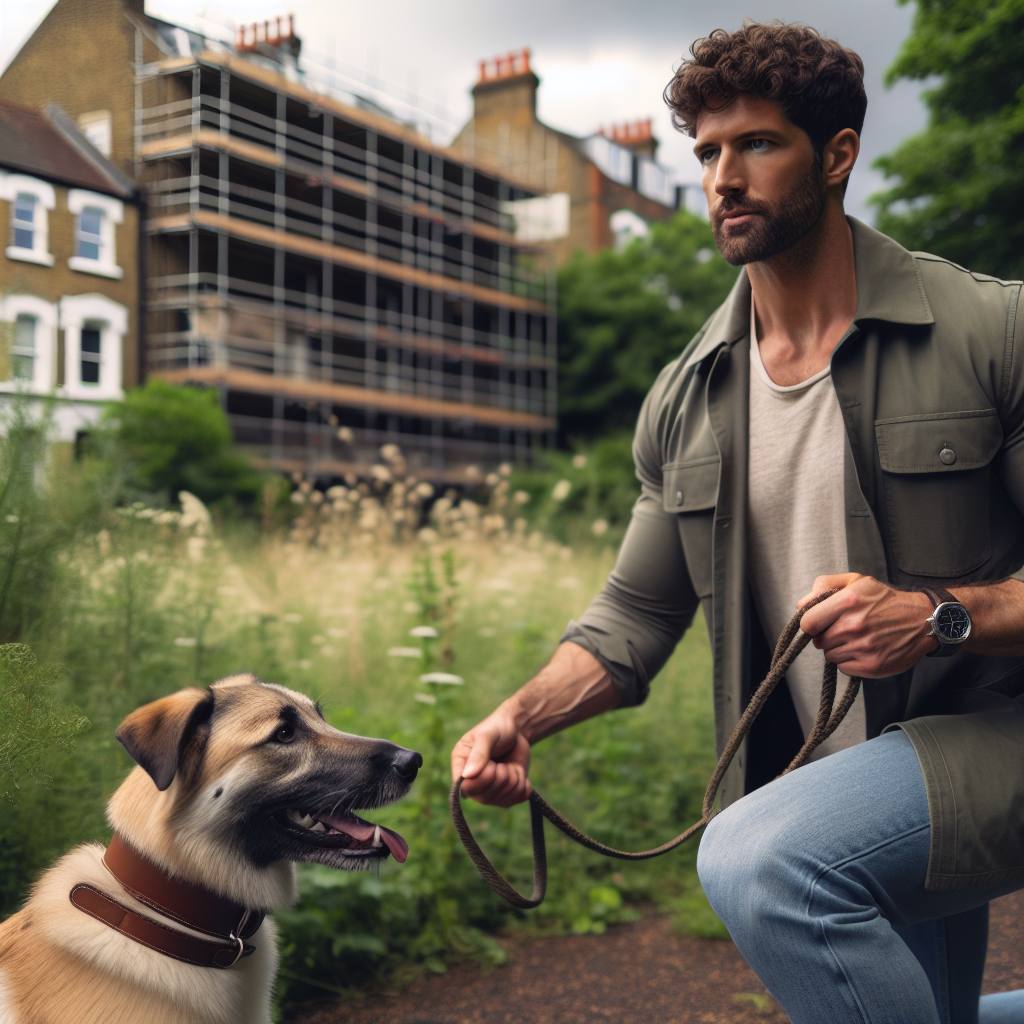 Trainer practicing loose lead walking and place training with a mixed-breed dog in a leafy Hounslow street