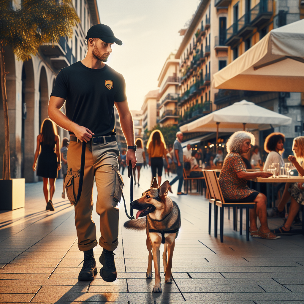 Trainer guiding a calm dog past distractions on a UK pavement during a focused walk