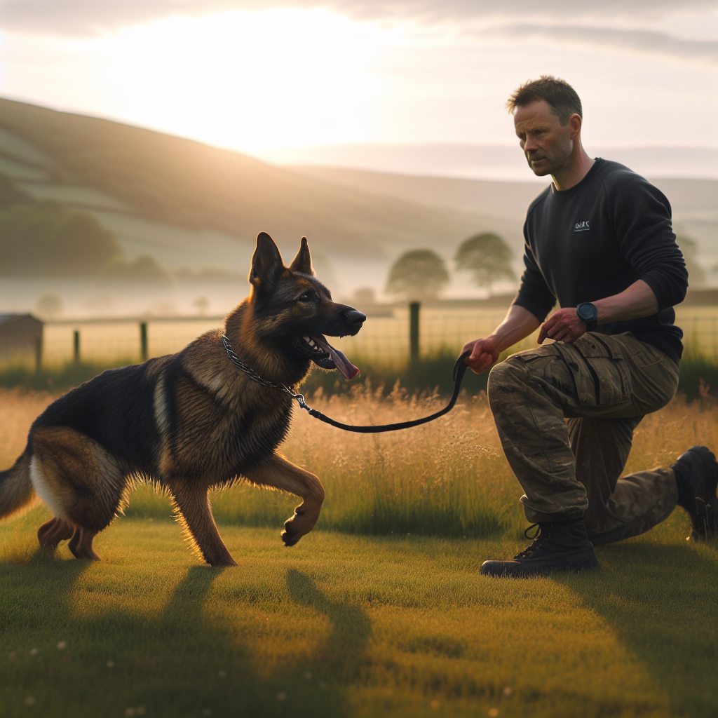 IGP dog and trainer working warm up, step ups, and sprint drills on a UK field at sunset