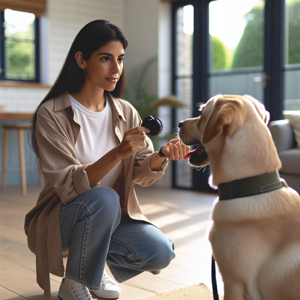 SMDT using a clicker to reward a Labrador for focus and loose lead walking in a UK home