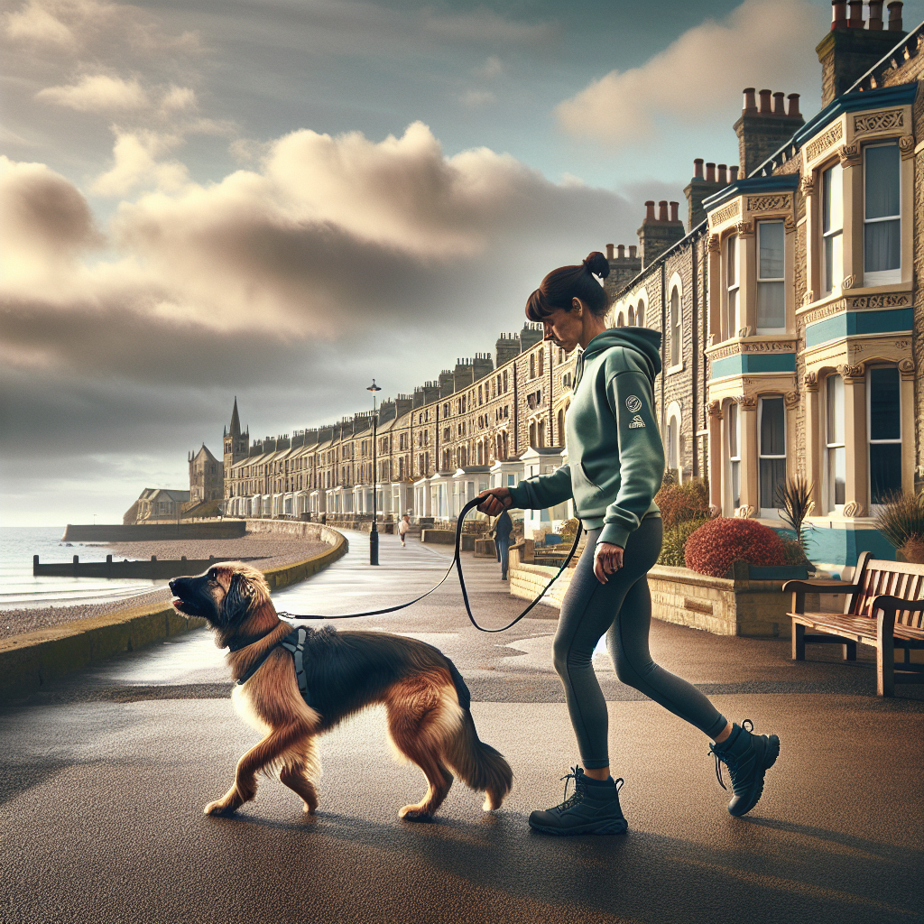 Trainer practicing loose lead walking with a mixed-breed dog on a UK coastal promenade