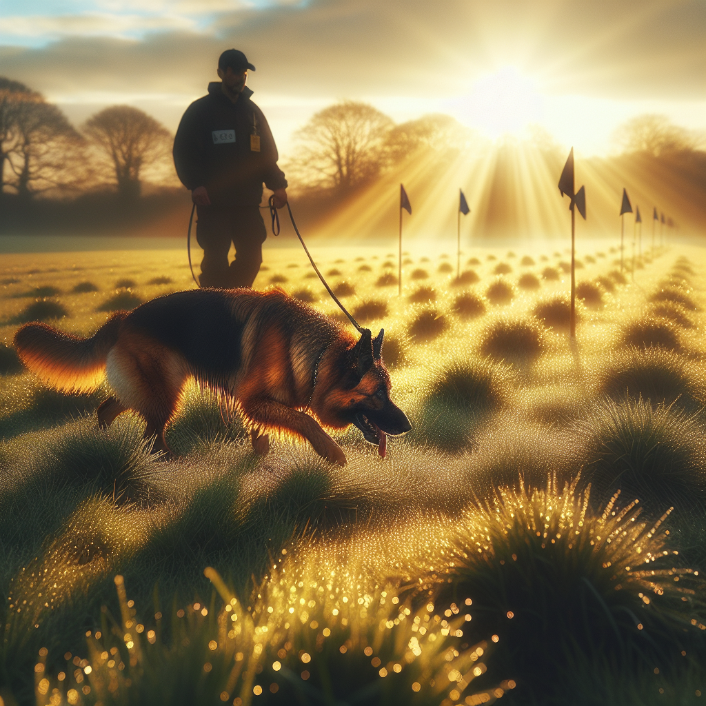 Trainer guiding a German Shepherd in precise IGP footstep tracking on a dewy UK field at sunrise