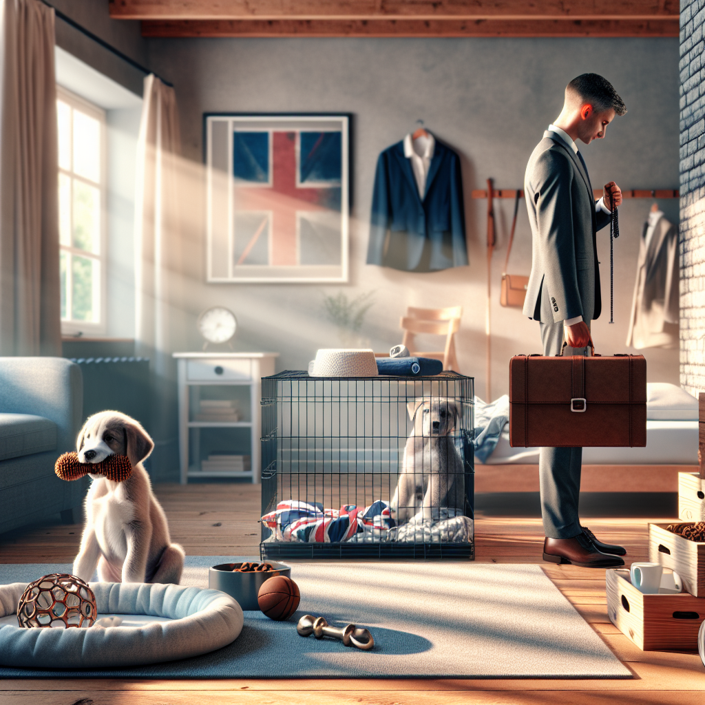 Calm puppy resting in a crate with chew while owner prepares for work in a UK home