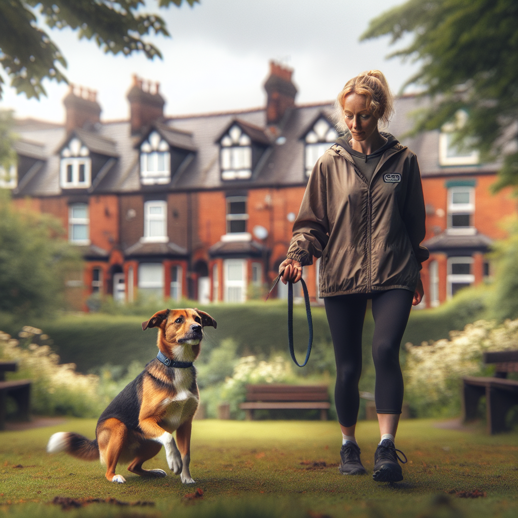 Smart trainer practising heelwork and sit stay with a mixed breed dog in a Wigan park