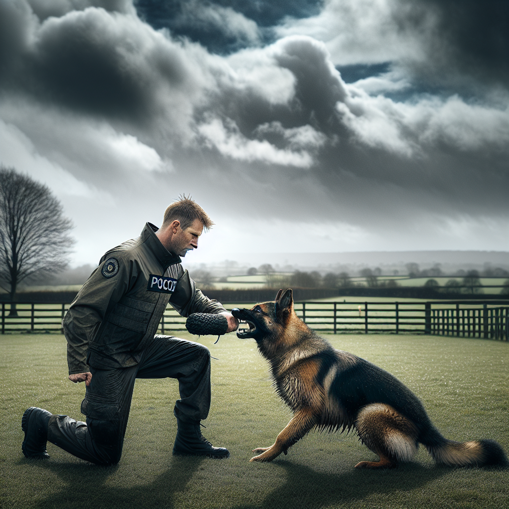 IGP trainer guiding a German Shepherd into a full calm sleeve bite with a straight entry on a UK field